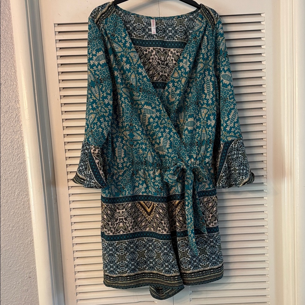 Xhilaration Teal Multi-Patterned Wrap Romper